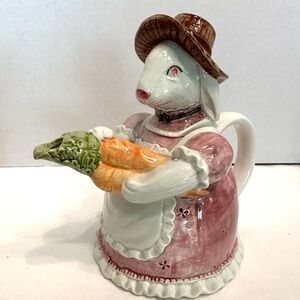 Otagiri Ceramic Bunny Pitcher in Pink Dress with Brown Hat and Orange Carrots
